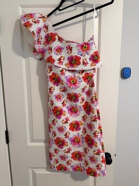 Chiara Boni Couture Floral One-Shoulder Dress with Pink, Orange & Purple Blooms